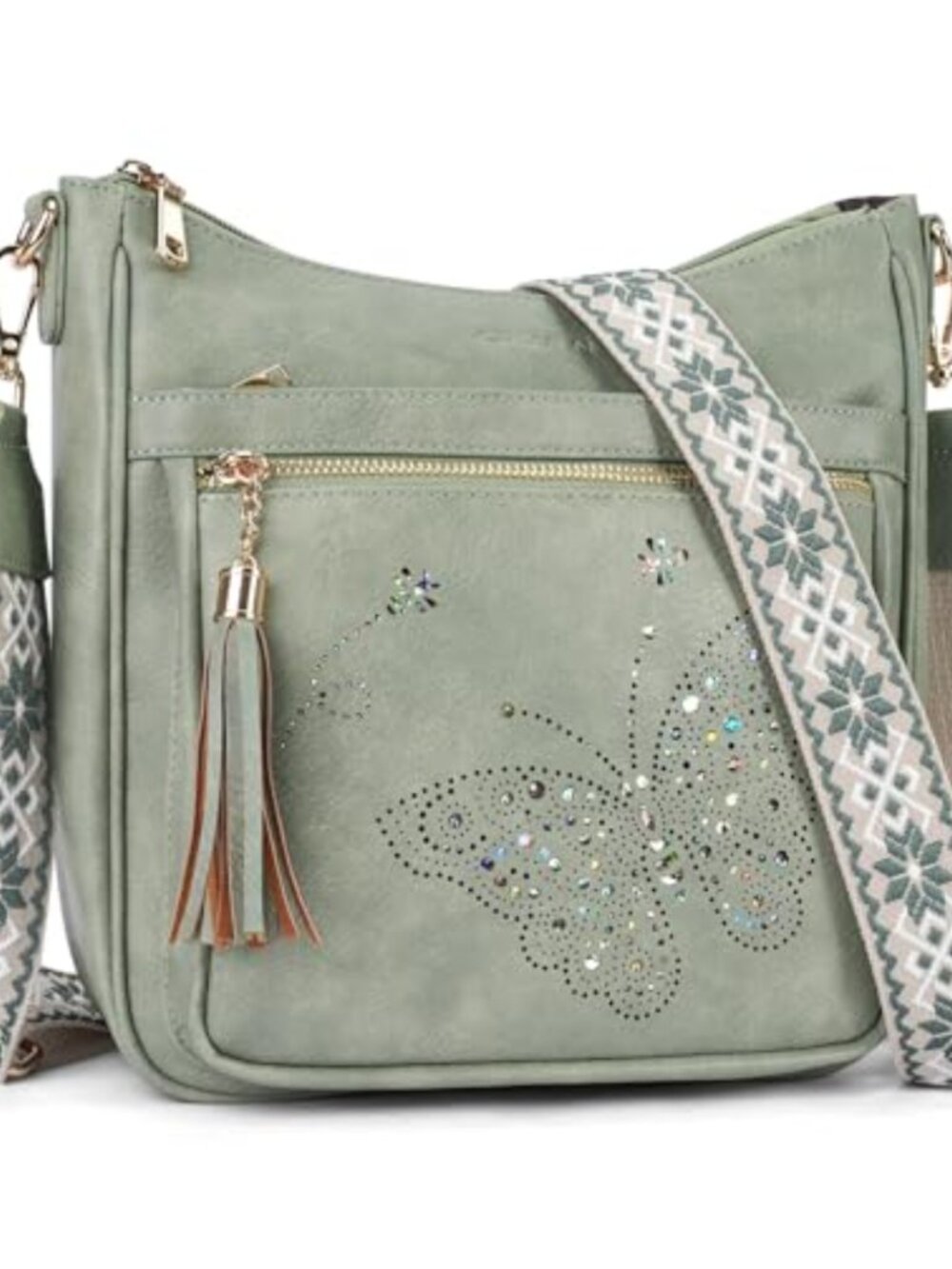 Vegan PU Leather Crossbody Bag Butterfly Tassel Medium Shoulder Purse